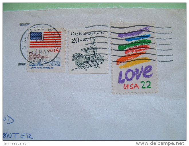 USA 2000 Cover Shoreline To Denmark - Train Cog Railway - Love - Flag - Sea - Tiger Label On Back - Lettres & Documents