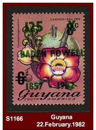 S1166 GUYANA - 22.February.1982 - "125 Surcharge + Baden-Powell 1857-1982 On 6c Flower Stamp" - Scouting - Other & Unclassified