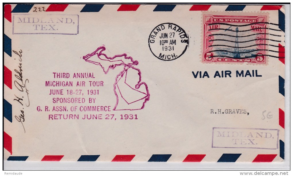 USA -1931  - POSTE AERIENNE - ENVELOPPE AIRMAIL De GRAND RAPIDS  - 3° ANNUAL MICHIGAN AIR TOUR - G.R.ASSN.OF COMMERCE - 1c. 1918-1940 Brieven