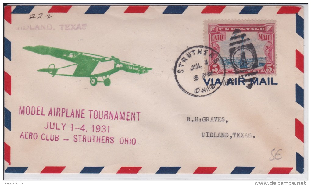 USA -1931  - POSTE AERIENNE - ENVELOPPE AIRMAIL De  STRUTHERS ( OHIO ) - MODEL AIRPLANE TOURNAMENT - AERO CLUB - 1c. 1918-1940 Storia Postale