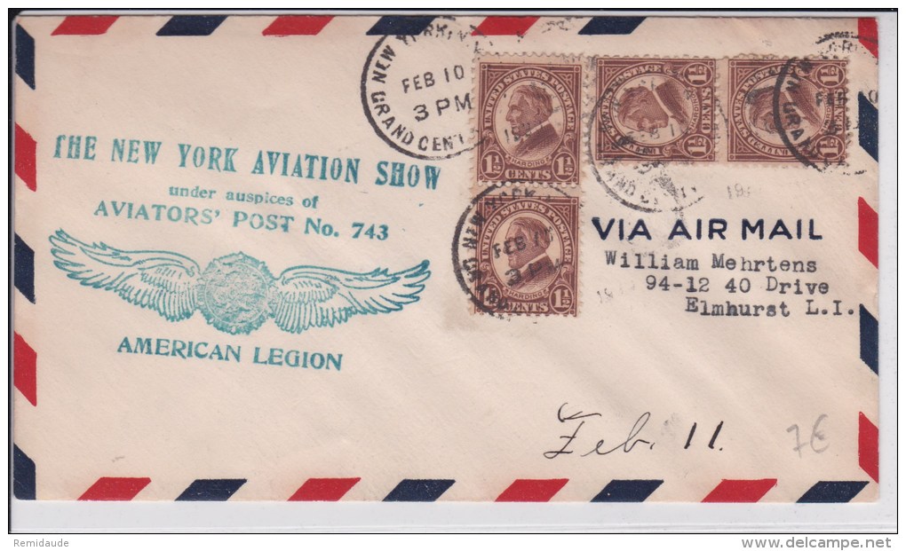 USA -1930  - POSTE AERIENNE - ENVELOPPE AIRMAIL De NEW YORK  - AVIATION SHOW - AVIATORS´ POST N° 743 - AMERICAN LEGION - 1c. 1918-1940 Briefe U. Dokumente