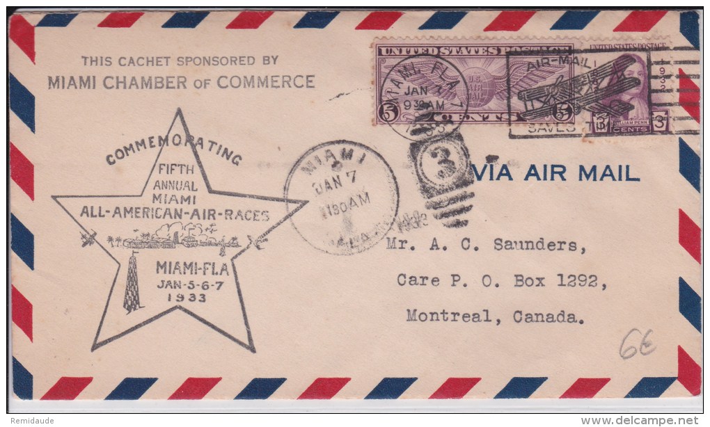USA -1933  - POSTE AERIENNE - ENVELOPPE AIRMAIL De MIAMI (FLORIDE) - COMMEMORATING 5°ANNUAL MIAMI ALL-AMERICAN-AIR-RACES - 1c. 1918-1940 Cartas & Documentos