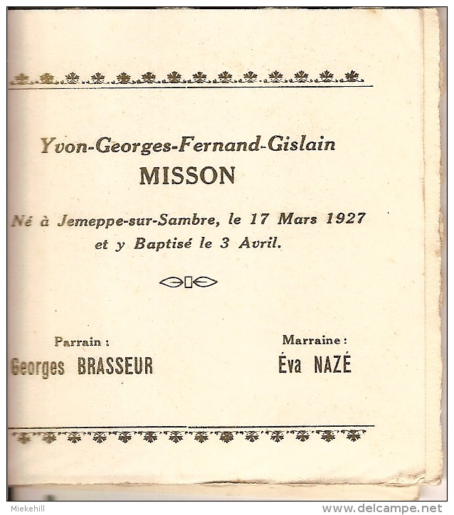 JEMEPPE SUR SAMBRE-SOUVENIR DE BAPTEME YVON MISSON-PARRAIN GEORGES BRASSEUR-MARRAINE EVA NAZE - Birth & Baptism