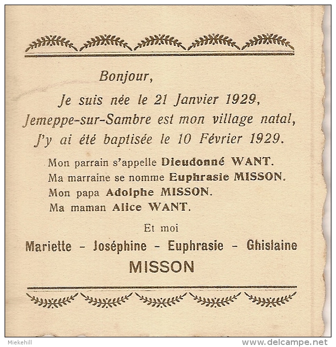 JEMEPPE SUR SAMBRE-SOUVENIR DE BAPTEME Mariette MISSON- - Naissance & Baptême