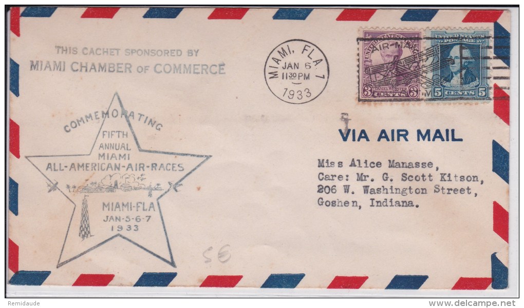 USA -1933  - POSTE AERIENNE - ENVELOPPE AIRMAIL De MIAMI (FLORIDE) - COMMEMORATING 5°ANNUAL MIAMI ALL-AMERICAN-AIR-RACES - 1c. 1918-1940 Lettres