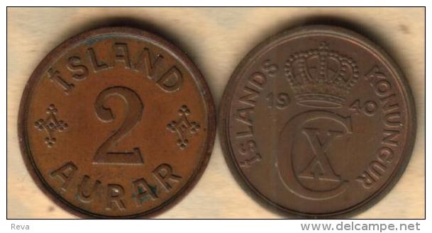 ICELAND 2 AURAR INSCRIPTIONS FRONT CROWN CX MONOGRAM BACK 1940 VF KM6.2 READ DESCRIPTION CAREFULLY !!! - Islande