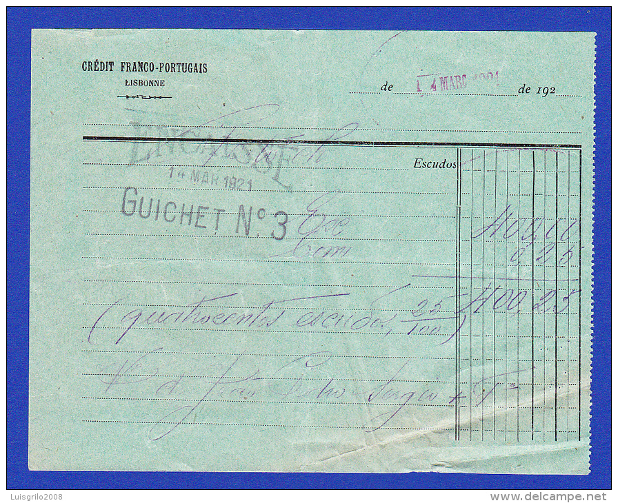 Portugal, Bank Deposit Document / Document Dépôt Bancaire - Crédit Franco Portugais Lisbonne, 1921 - Cheques En Traveller's Cheques