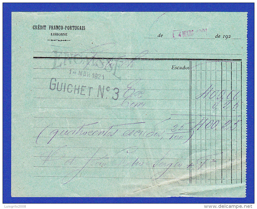 Portugal, Bank Deposit Document / Document Dépôt Bancaire - Crédit Franco Portugais Lisbonne, 1921 - Schecks  Und Reiseschecks