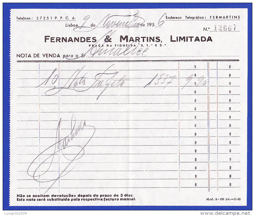 FERNANDES & MARTINS, LIMITADA - NOTA DE VENDA --  LISBOA, 9 DE NOVEMBRO DE 1956 - Portugal