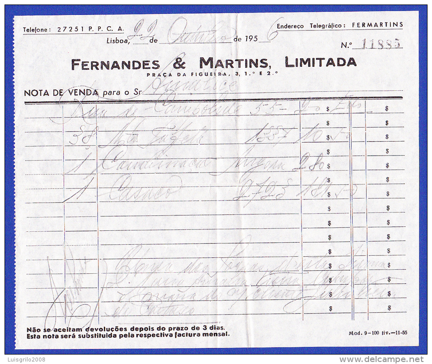 FERNANDES & MARTINS, LIMITADA - NOTA DE VENDA --  LISBOA, 22 DE OUTUBRO DE 1956 - Portogallo