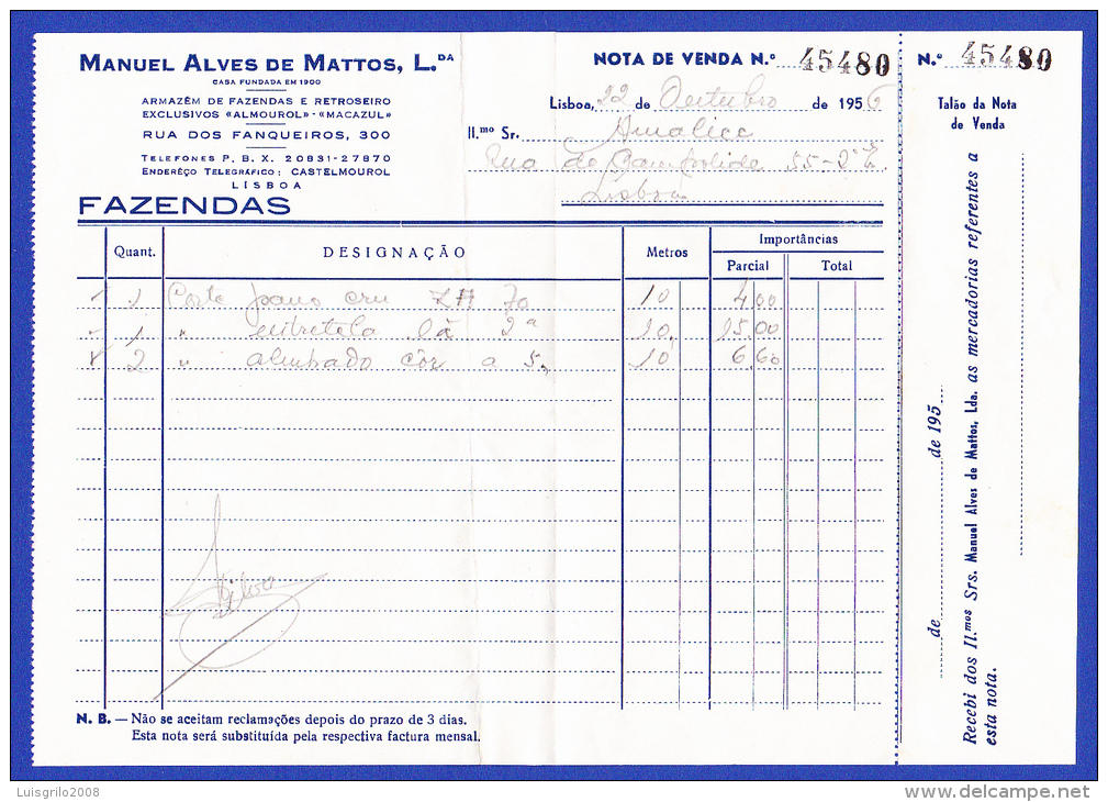 MANUEL ALVES DE MATTOS, Lda. - NOTA DE VENDA --  LISBOA, 22 DE OUTUBRO DE 1956 - Portugal