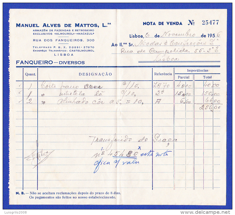 MANUEL ALVES DE MATTOS, Lda. - NOTA DE VENDA --  LISBOA, 22 DE NOVEMBROI DE 1956 - Portugal