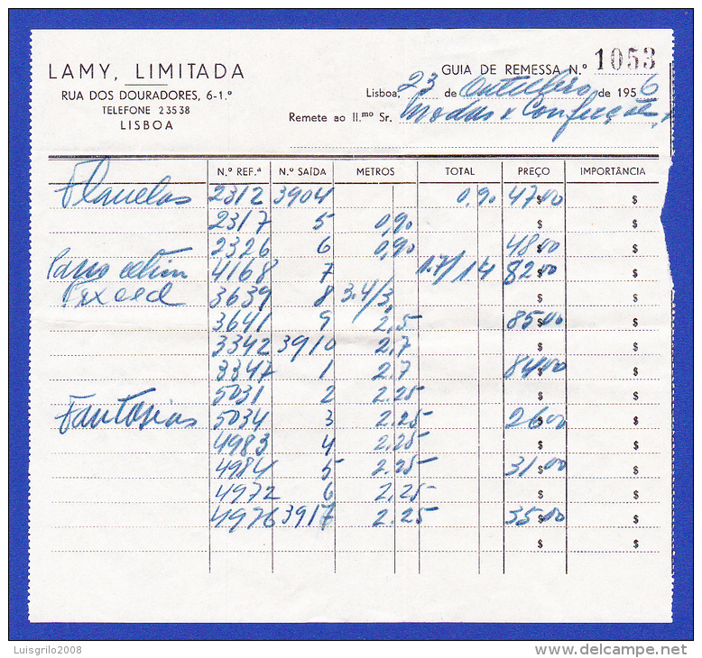 LAMY LIMITADA - GUIA DE REMESSA --  LISBOA, 23 DE OUTUBRO DE 1956 - Portugal