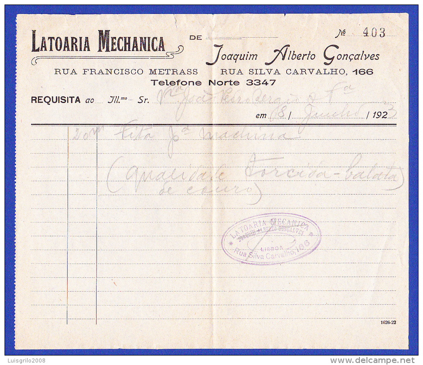 LATOARIA MECHANICA -- LISBOA, 8.JANEIRO.1923 - Portugal