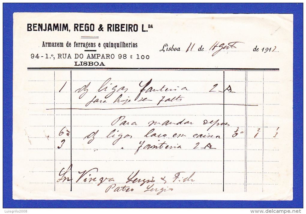 BENJAMIM, REGO & RIBEIRO Lda. -- LISBOA, 11 DE AGOSTO DE 1912 - Portugal
