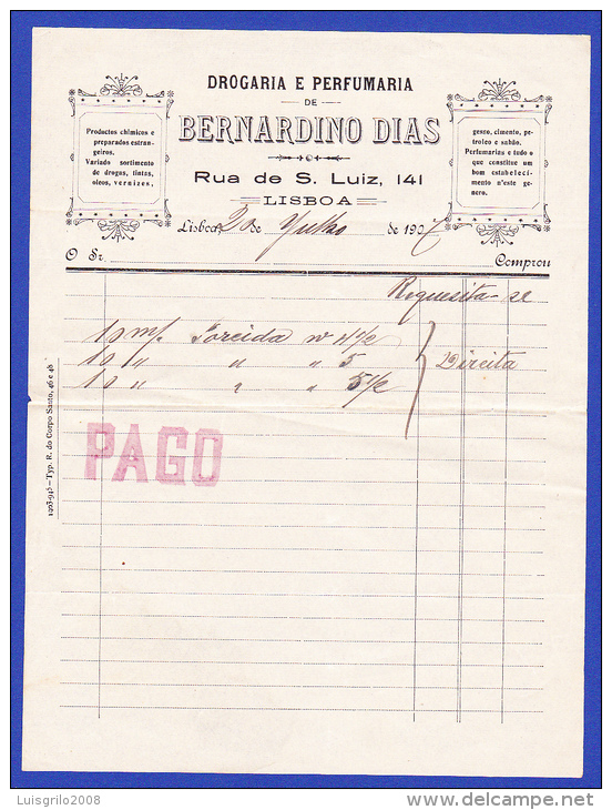DROGARIA E PERFUMAROIA DE BERNARDINO DIAS  -  LISBOA, 20 DE JULHO DE 1907 - Portugal