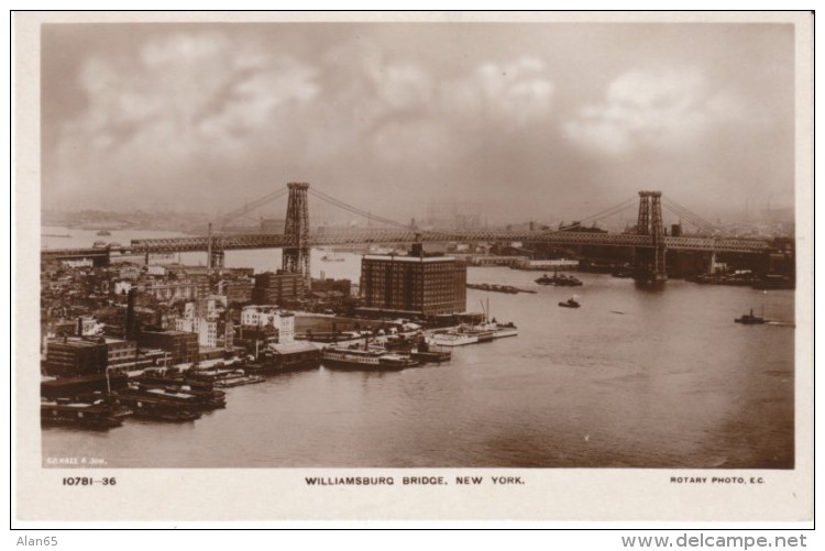 New York City NY, Williamsburg Bridge, Harbor River Scene, C1910s/20s Vintage Real Photo Postcard - Ponts & Tunnels