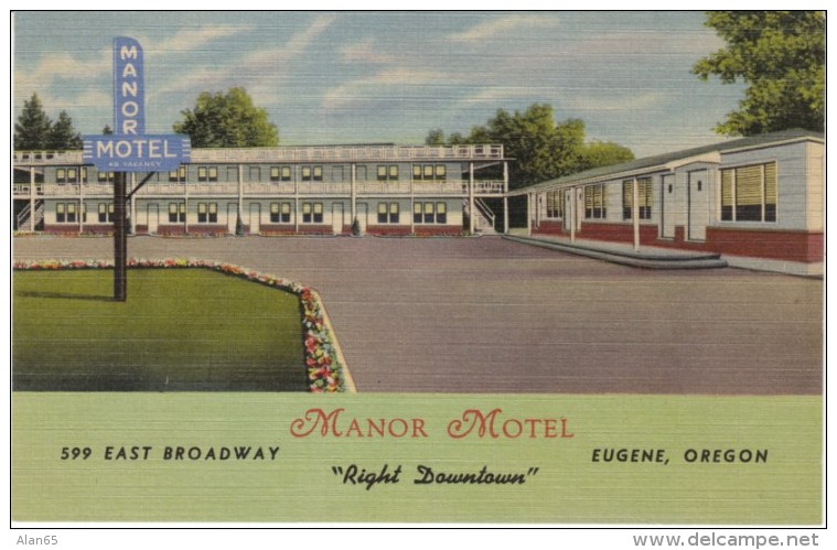 Eugene Oregon, Manor Motel Lodging, C1930s/40s Vintage Linen Postcard - Eugene