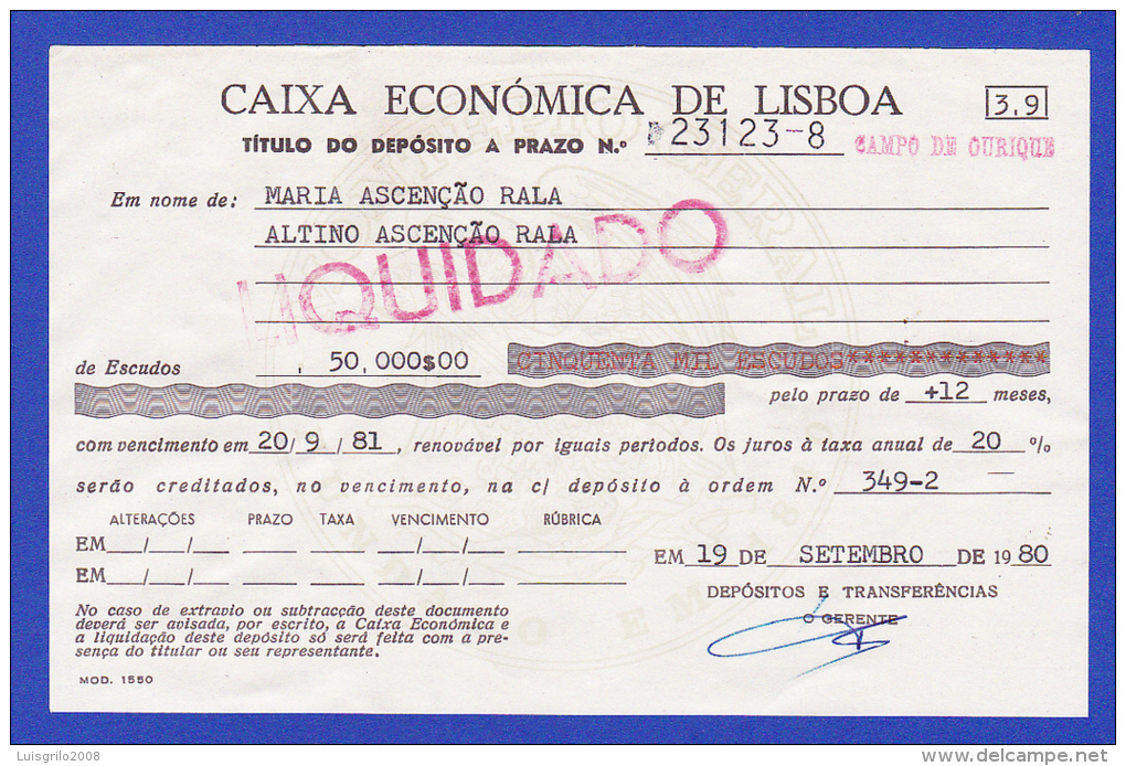 CAIXA ECONÓMICA DE LISBOA  - TITULO DO DEPÓSITO A PRAZO - 19.9.81 - Chèques & Chèques De Voyage