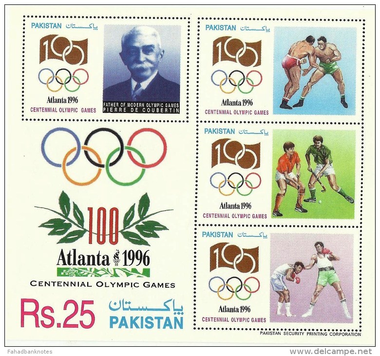 PAKISTAN 1996 MNH MS SHEET OLYMPIC GAMES, ATLANTA, FATHER OF MODERN OLYMPICS, PAKISTAN - Pakistan