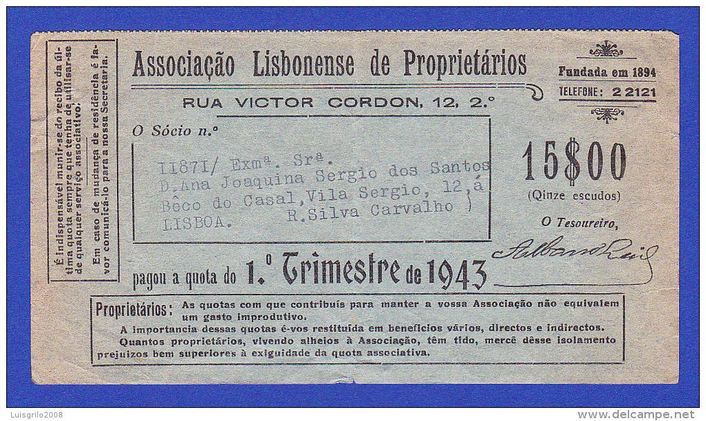 ASSOCIAÇÃO LISBONENSE DE PROPRIETÁRIOS -- 1943 - Portugal
