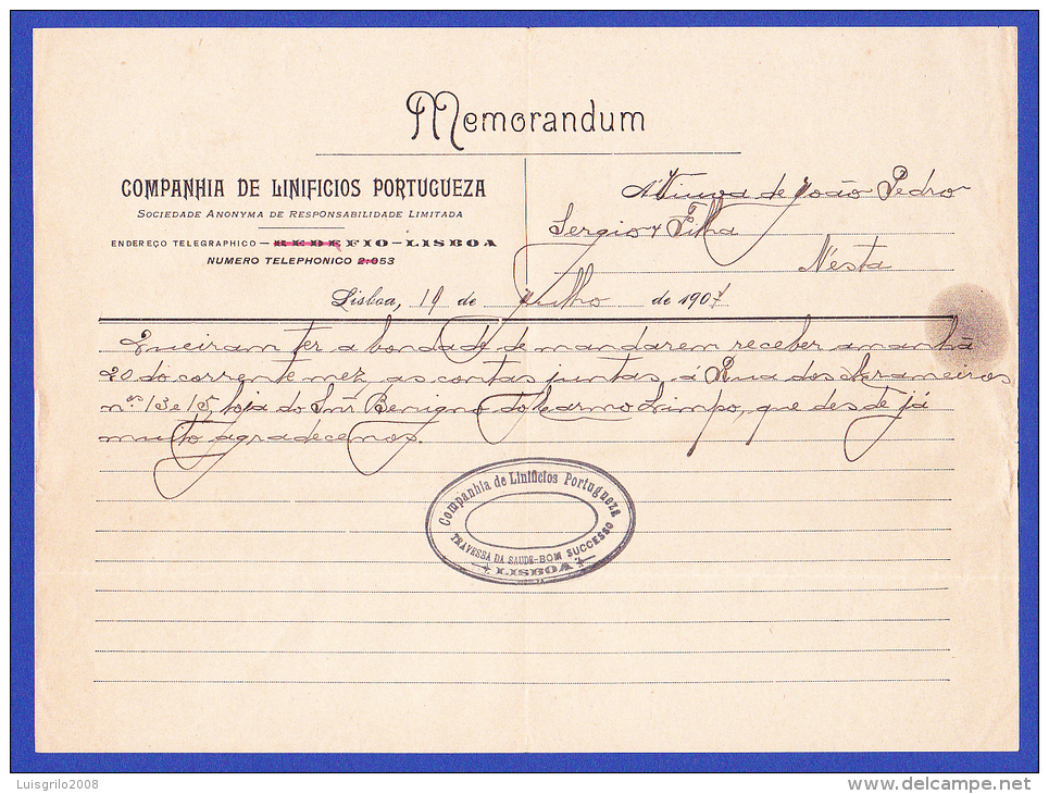 MEMORANDUM COMPANHIA DE LANIFICIOS PORTUGUEZA  --  LISBOA, 19 DE JULHO DE 1907 - Portogallo