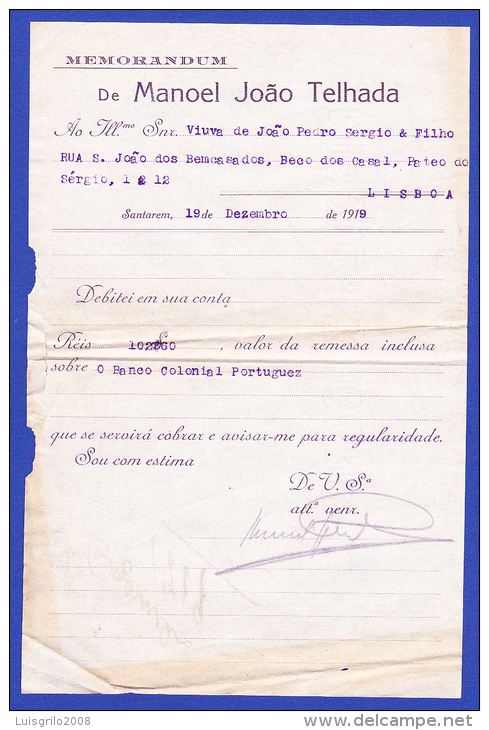 MEMORANDUM De MANUEL JOÃO TELHADA - SNTAREM, 19 DE DEZEMBRO DE 1919 - Portugal