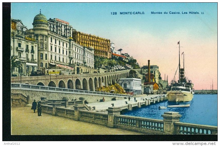 Litho Monte-Carlo Restaurant Beau Rivage Schiff Hafen Montee Du Casino Les Hotels Um 1910 - Porto