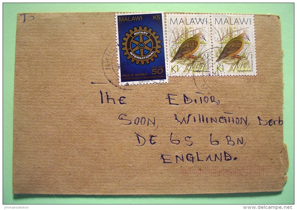 Malawi 1998 Cover To England - Birds - Rotary Club - Cogwheel - Malawi (1964-...)