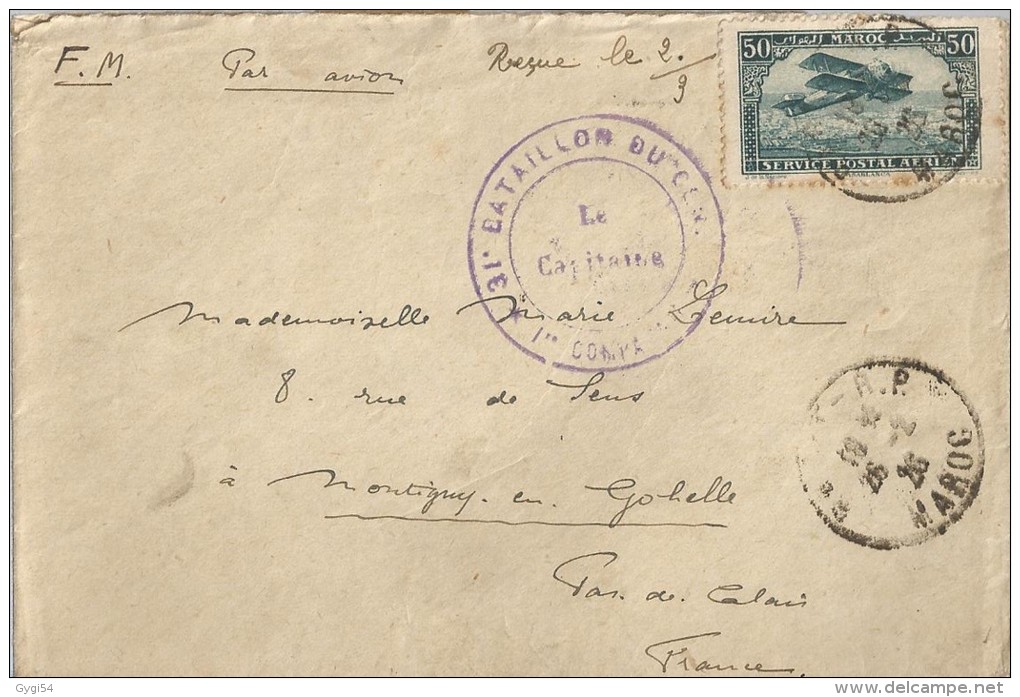 Maroc 1926 Lettre Par Avion Cachet Du 13 E Bataillon Du Génie - Cartas & Documentos