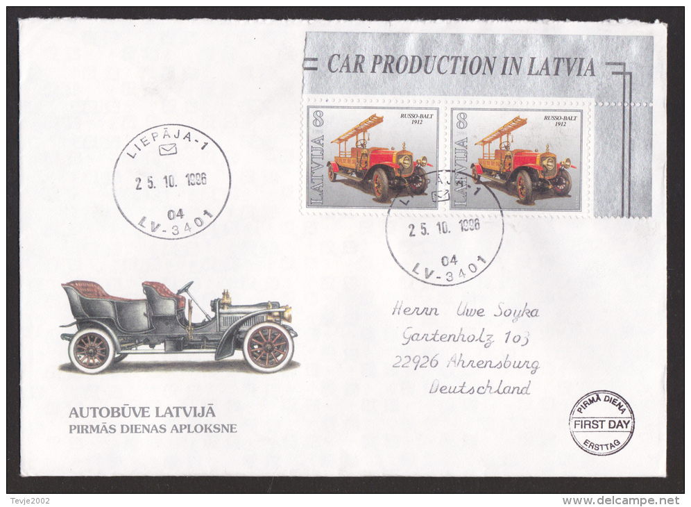 U_ Lettland Mi.Nr. 435 - 437 Ersttagsbrief FDC Registered Letter Einschreiben - Autos Cars Feuerwehr Firebrigade - Lettland