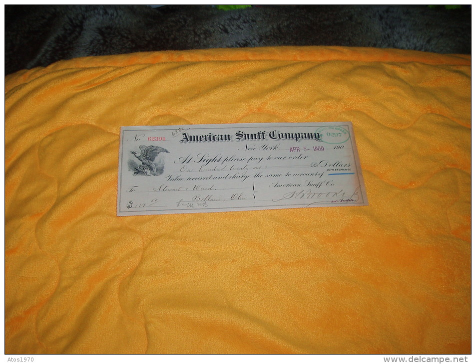 ORDRE DE PAIEMENT / MANDAT  / BANQUE / ETATS-UNIS ANNEE 1909 / AMERICAN SNUFF COMPANY N°62391 / NEW YORK. - Etats-Unis