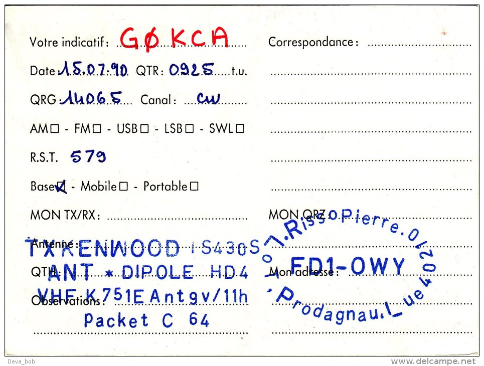 Amateur Radio QSL Card France FD1OWY Sail Boat Yacht - Radio Amateur