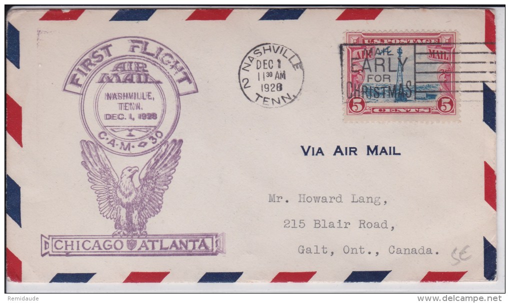 USA - 1928 - POSTE AERIENNE - ENVELOPPE AIRMAIL De NASHVILLE (TENNESSEE) - FIRST FLIGHT - C.A.M. 30 - CHICAGO TO ATLANTA - 1c. 1918-1940 Covers