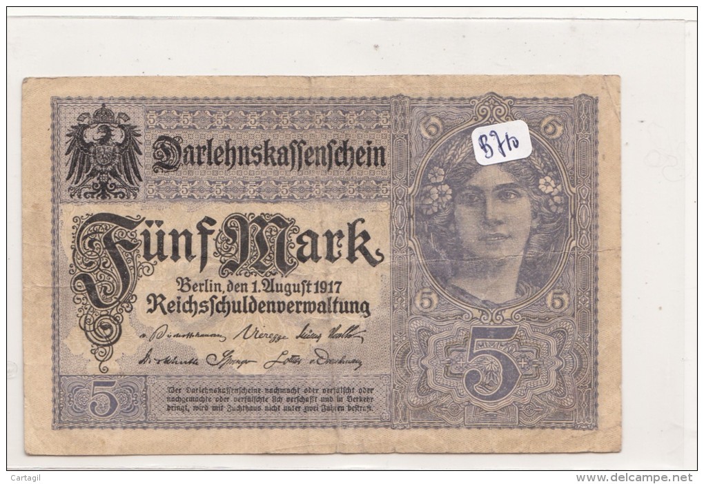 Billets - B910 -  Allemagne   - Billet 5 Mark 1917  ( Type, Nature, Valeur, état... Voir 2scans) - 5 Mark