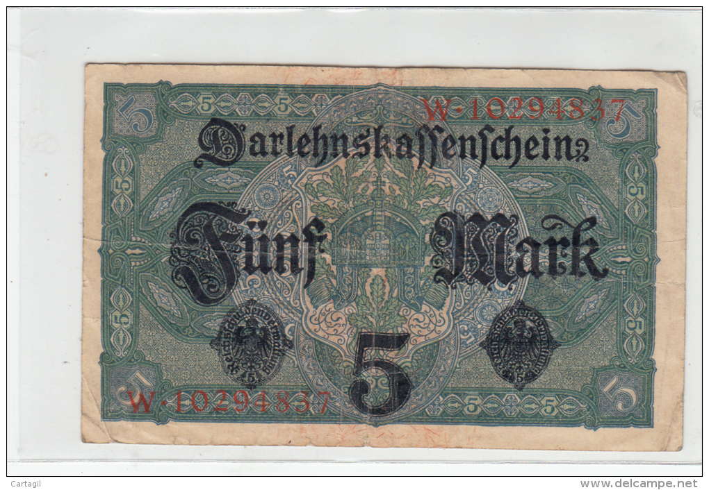 Billets - B910 -  Allemagne   - Billet 5 Mark 1917  ( Type, Nature, Valeur, état... Voir 2scans) - 5 Mark