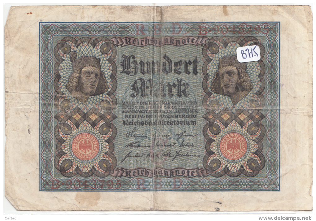 Billets - B915 -  Allemagne   - Billet 100 Mark 1920  ( Type, Nature, Valeur, état... Voir 2scans) - 100 Mark