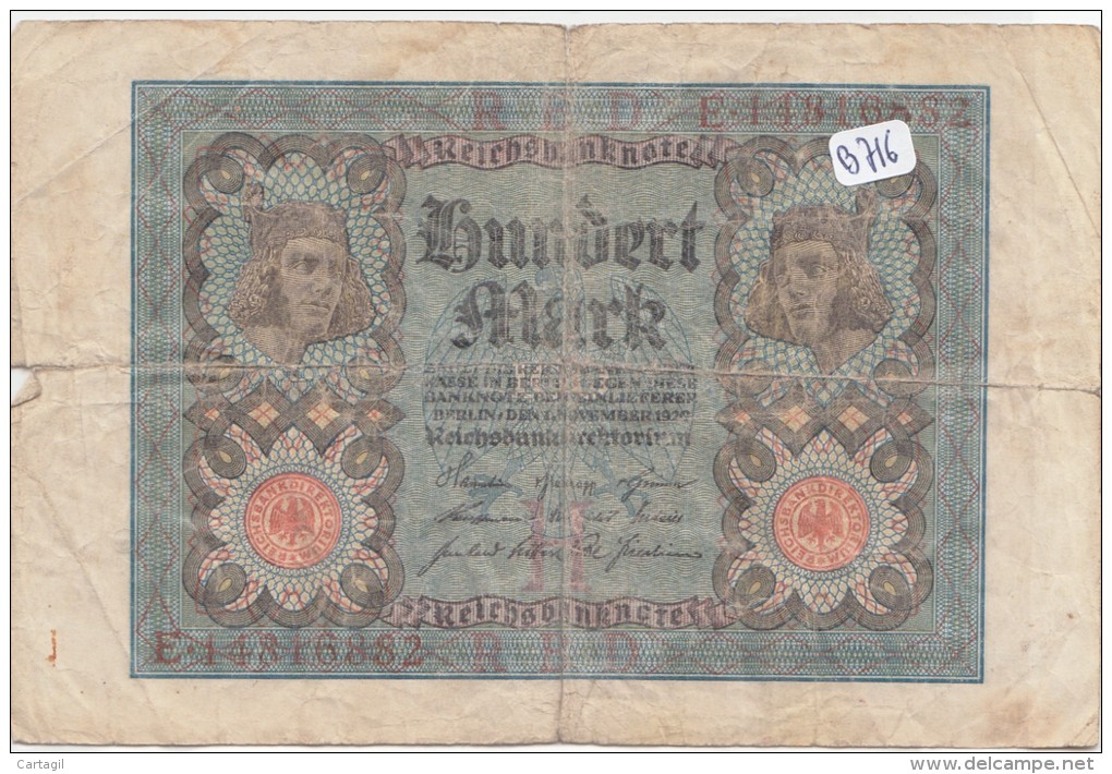 Billets - B916 -  Allemagne   - Billet 100 Mark 1920  ( Type, Nature, Valeur, état... Voir 2scans) - 100 Mark