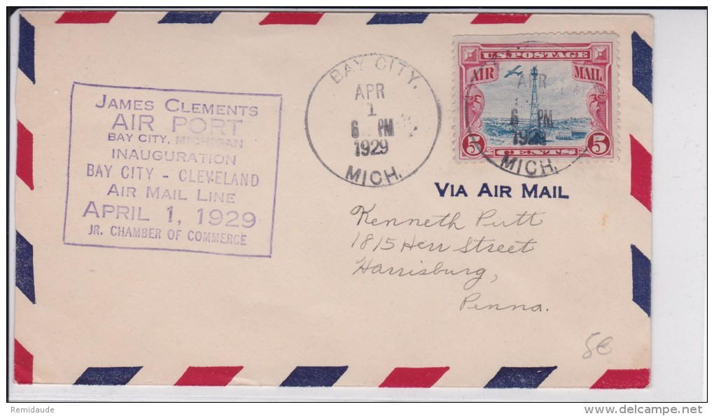 USA - 1929 - POSTE AERIENNE - ENVELOPPE AIRMAIL De BAY CITY (MICH.) - INAUGURATION -  BAY CITY-CLEVELAND - 1c. 1918-1940 Cartas & Documentos