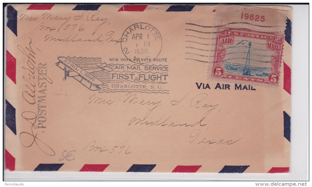 USA - 1930 - POSTE AERIENNE - ENVELOPPE AIRMAIL De CHARLOTTE ( NORTH CAROLINA ) - FIRST FLIGHT -  NEW YORK-ATLANTA ROUTE - 1c. 1918-1940 Covers