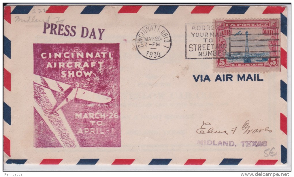 USA -1930  - POSTE AERIENNE - ENVELOPPE AIRMAIL De CINCINNATI  ( OHIO) - CINCINNATI AIRCRAFT SHOW -  PRESS DAY - 1c. 1918-1940 Covers