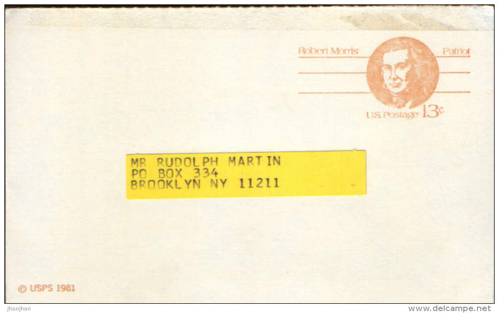 United States-Postal Stationery Postcard 1981-Robert Morris,patriot - 1981-00