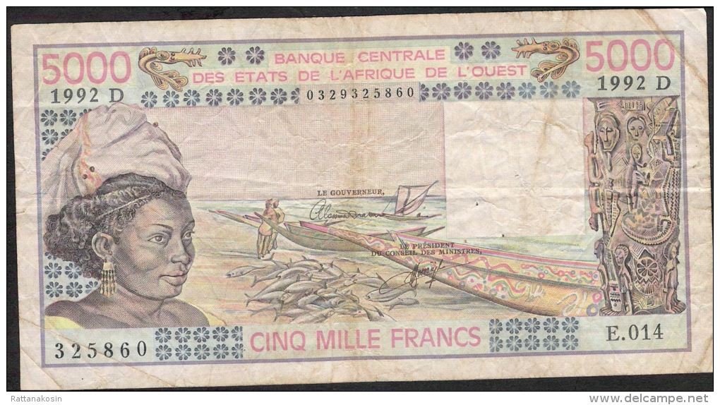 W.A.S. MALI Not Catalogued In UNC.! P407Dl 5000 FRANCS 1992 S.24  VF  4 P.h. - Malí