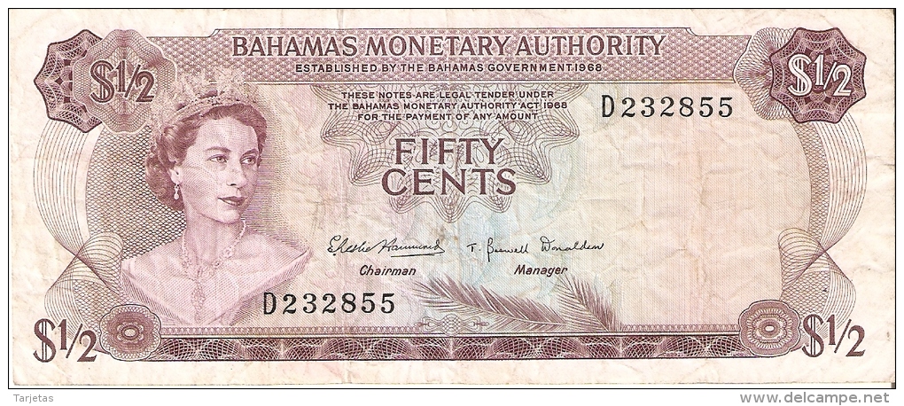 BILLETE DE BAHAMAS DE FIFTY CENTS DEL AÑO 1968  (BANKNOTE) RARO - Bahamas