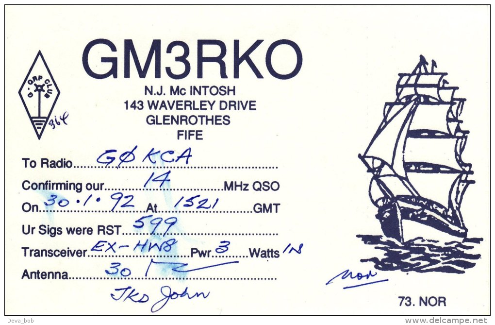 Amateur Radio QSL Card Scotland GM3RKO Glenrothes Fife Tall Sailing Ship Sail - Radio Amateur