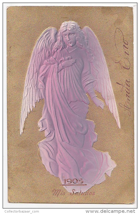 New Year 1905 Vintage Original Postcard Pink Angel Cpa Ak (W3_1930) - Angeles