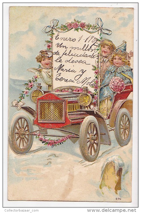 Angel &amp; Children In A Flowered Car Colorfull Vintage Original Postcard Cpa Ak (W3_1942) - Angeles