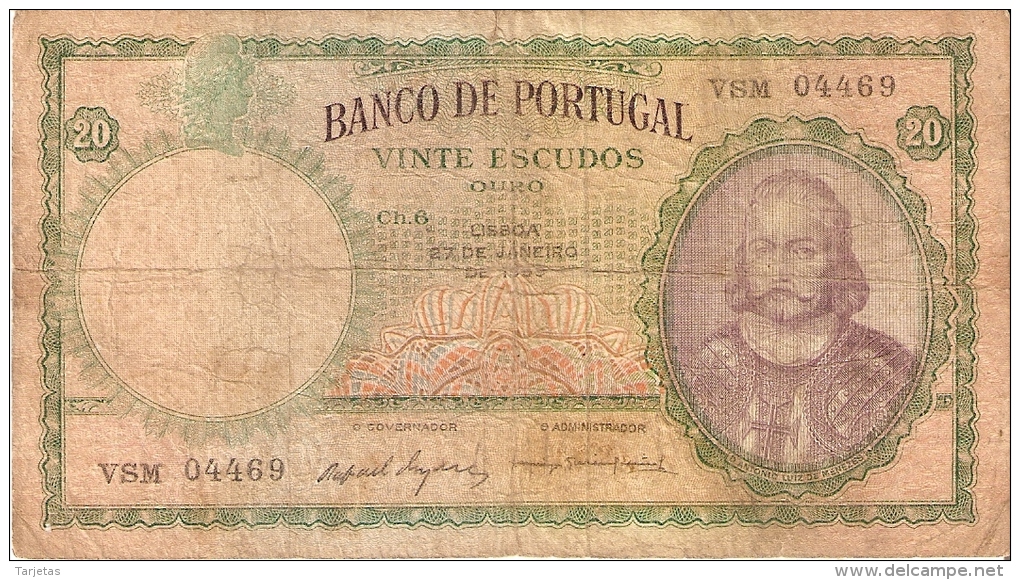 BILLETE DE PORTUGAL DE 20 ESCUDOS DEL AÑO 1959  (BANKNOTE) - Portugal