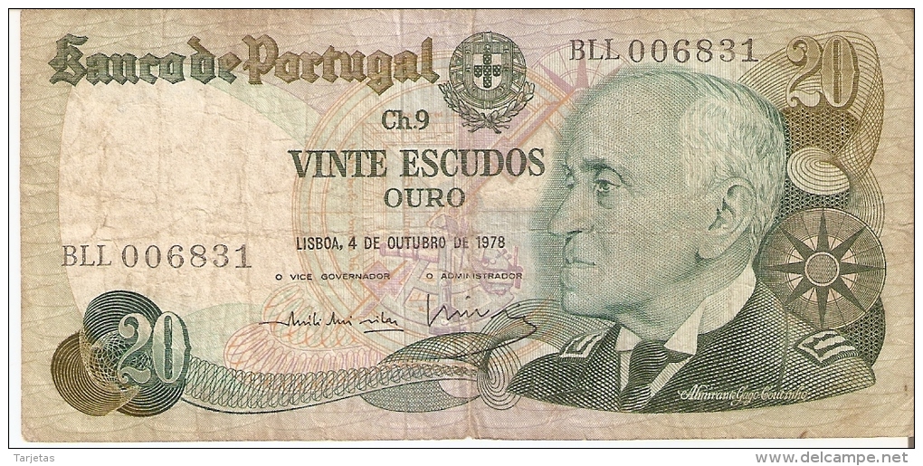 BILLETE DE PORTUGAL DE 20 ESCUDOS DEL AÑO 1978  (BANKNOTE) - Portugal