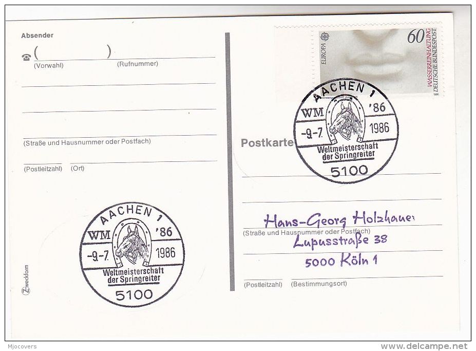 1986 COVER (card)  World SHOW JUMPING HORSE Sport EVENT Pmk Aachen Germany, Stamps Horses Equestrian - Horses